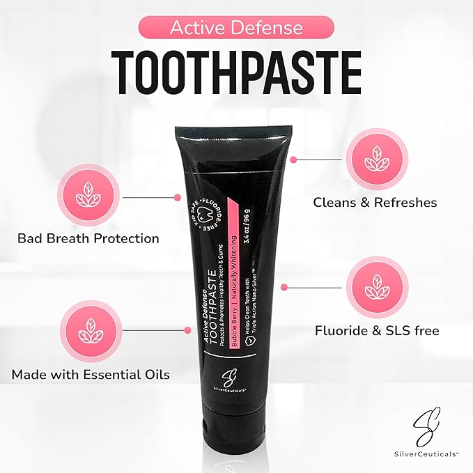 Colloidal Silver Toothpaste w/Coral Calcium & Xylitol - Bubble Berry - Remineralize Tooth Enamel - SLS & Fluoride Free Cavity Protection - Gum Health - Bad Breathe - Gingivitis - Mild Flavor - 3.4oz
