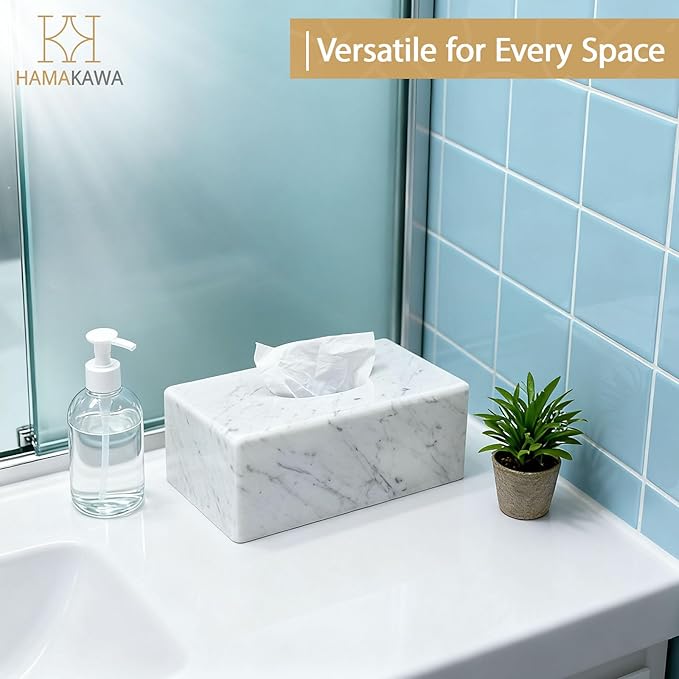 Natural Marble Tissue Box Cover, Carrara White Tissue Organizer 10 x 5.7 x 3.5 inch, Heavy Stone Decorative Box, Rectangle Tissue Box Holder for Home Decor, Kitchen, Bathroom, Bedroom