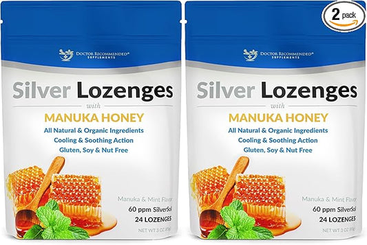 Silver Lozenges with Organic Manuka Honey and Vitamin C - All-Natural Nano Silver 45-50mcg of 60 PPM Colloidal Silver Mineral Drops to Support Immune System, Soothe, Cool Cough & Throat, 48-Lozenges