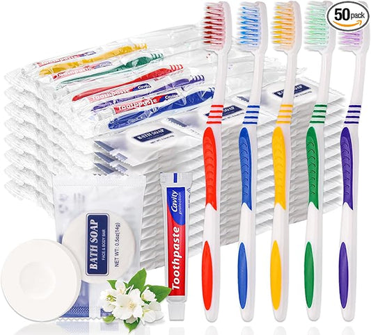 50 Set Disposable Toothbrushes with Toothpaste and Soap Individually Wrapped, 50 pcs Toothbrushes, 5 Colors with 50 pcs Bar Soap(0.5 oz)