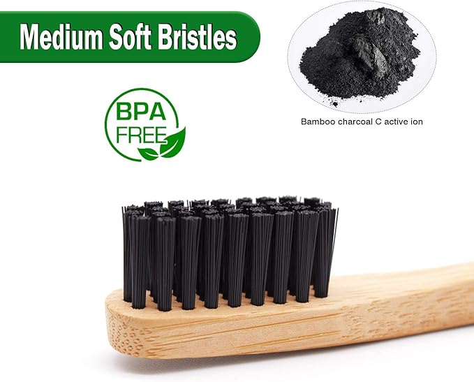 Virgin Forest Bamboo Toothbrush, Biodegradable Bamboo Charcoal Toothbrushes, Natural Eco Friendly Wooden Toothbrush 6-Pack