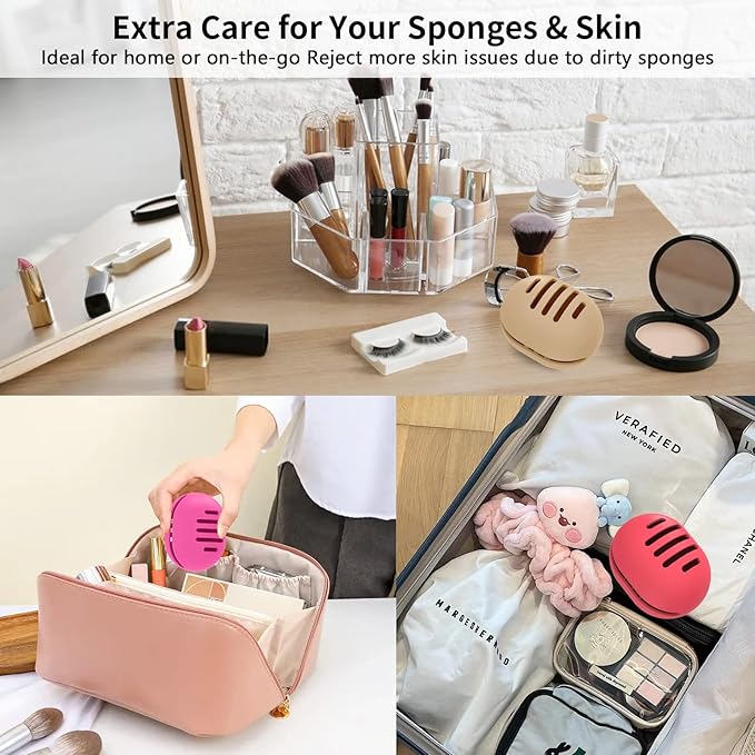 Makeup Sponge Holder,Double-sided 5-line Vented Silicone Beauty Blender Holder for Travel,Shatterproof Make Up Sponge Travel Case for All Sponges Sanitary Reuse Easy to Carry,Pink