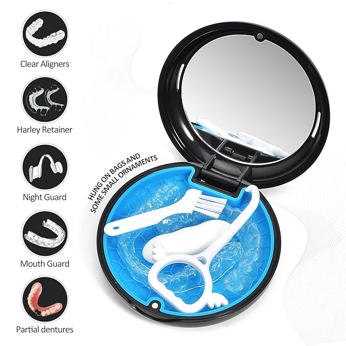 Retainer Case with Mirror and Lanyard,Slim Aligner Case with Vent Holes,Cute Dental Brace Box with Retainer Removal Tool and Brush