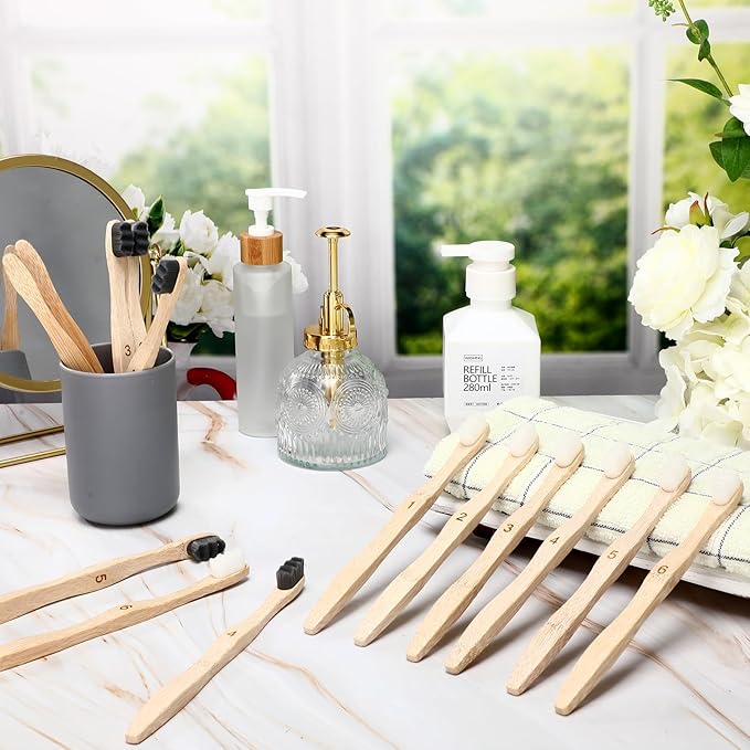 Sieral 24 Pcs Toothbrushes Extra Soft Bristles Wooden Bamboo Toothbrush 20000 Soft Natural Bristle Toothbrush for Kids Adults Home Travel Individually Wrapped (Wave Handle)
