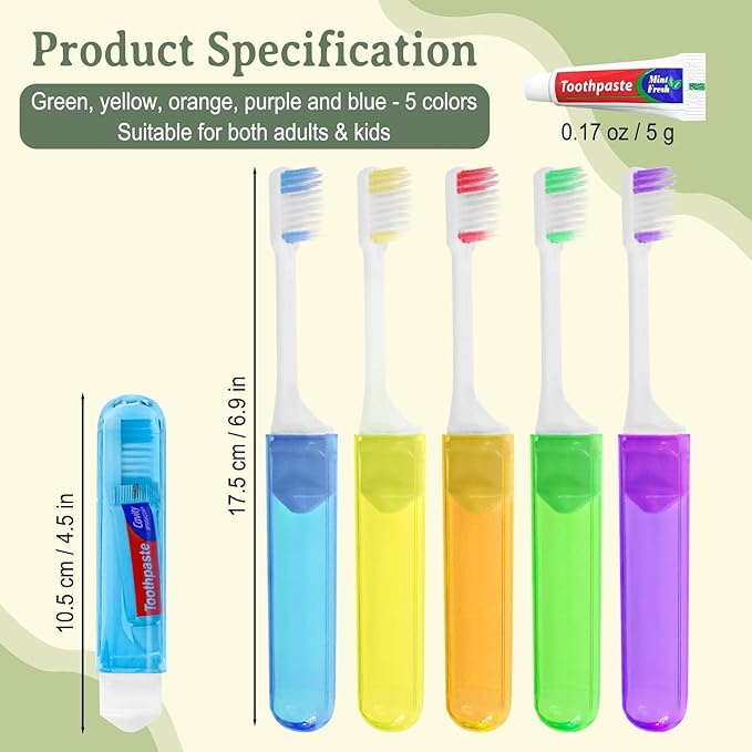Travel Toothbrush, Toothbrush and Toothpaste Travel Set, Individually Packaged, Includes Storage Case, Foldable Design, 5 Colors, Ideal for Business Trips, and Hotels (10-Pack)