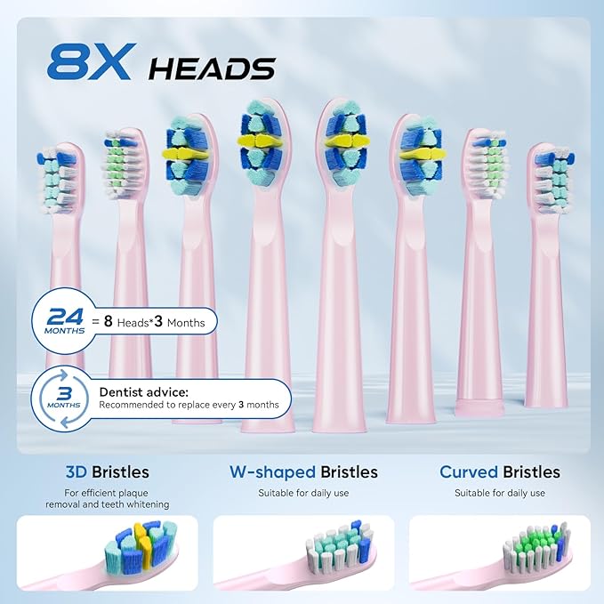 YUNCHI Electric Toothbrush Pink, Battery Toothbrush for Adults, Rechargeable Toothbrushs-8 Brush Heads, 5 Modes & 2 Min Smart Timer, IPX7 Waterproof,30 Days Battery Long,Travel Case