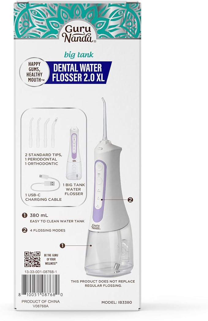 GuruNanda Water Dental Flosser 2.0 XL – 380ML Large Tank, 4 Flossing Modes, Cordless & Portable with Smart Timer for Deep Cleaning & Happy Gums - Lavender
