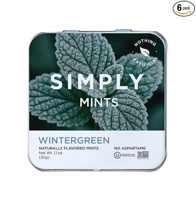 SIMPLY MINTS Natural Wintergreen Breath Mints, 6 Pack (180 Pieces), Made With Real Wintergreen Oil | Aspartame-Free, Sorbitol-Free, Xylitol-Free, Vegan, Kosher, Non-GMO