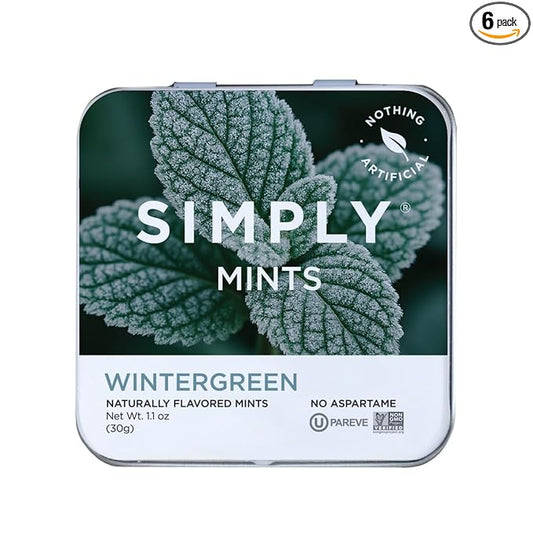 SIMPLY MINTS Natural Wintergreen Breath Mints, 6 Pack (180 Pieces), Made With Real Wintergreen Oil | Aspartame-Free, Sorbitol-Free, Xylitol-Free, Vegan, Kosher, Non-GMO
