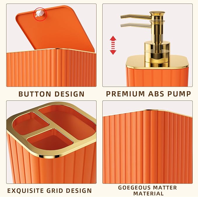 Bathroom Accessories Set - 25PC Bathroom Sets with Shower Curtain and Rugs, Orange Bathroom Accessories with Trash Can, Soap Dispenser, Soap Dish & Toilet Brush