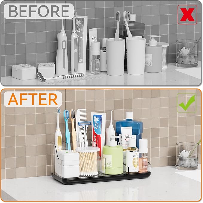 Yieach Mens Bathroom Organizer and Storage,Black Bathroom Sink Caddy Countertop,Large 7 Slot Vanity Bathroom Toiletry Organizers and Toothbrush Holders for Toothpaste,Electric Tooth Brush Organizer