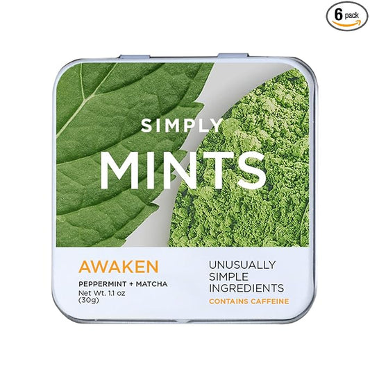SIMPLY Mints | Caffeinated Breath Mints- Awaken (Caffeine + Peppermint + Matcha) | Pack of Six (180 Pieces Total) | Microdose Caffeine + Breath Freshening + Aspartame-Free + Vegan + non-GMO