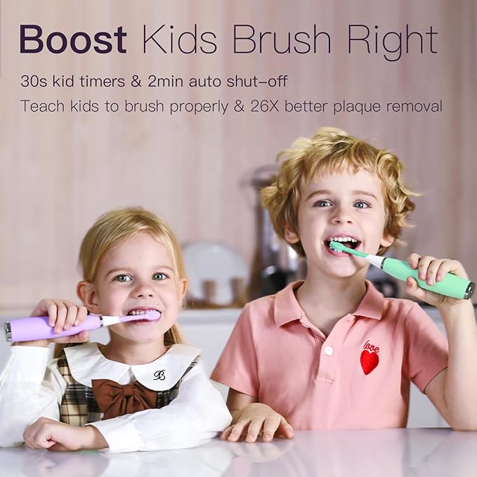 Kids Electric Toothbrushes 2 Pack Smart Sonic Toothbrush for Boys and Girls 3 4 5 6 7 8 9 10 11 12 (Purple+Green, 2 Pack)
