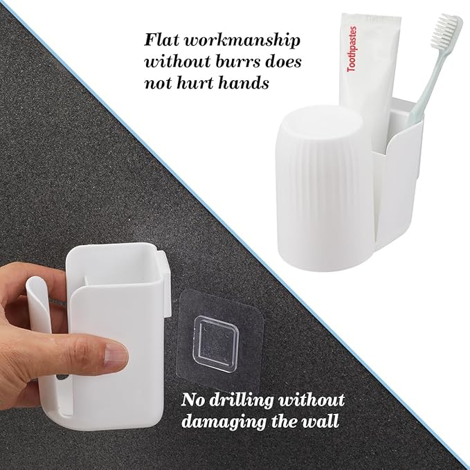 Toothbrush Holders for Bathrooms Toothbrush Holders Wall Mounted BPA-Free Tooth Brush Holder with Toothbrush Cup Drilling-Free (White)