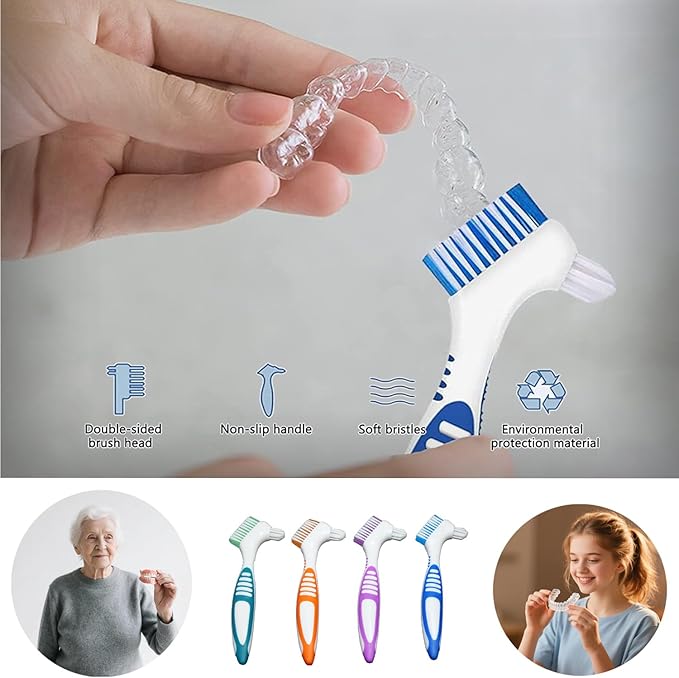 Denture Brush Dual Head Toothbrushes False Teeth Brush Denture Cleaning Kit Toothbrush (Purple, Orange)