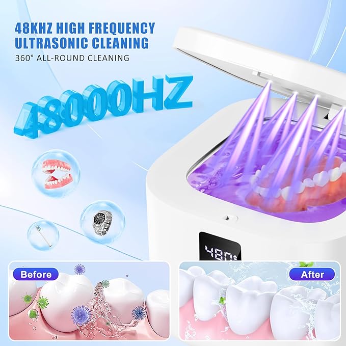 48kHz Ultrasonic Cleaner with Digital Timer - 3 Settings for Dentures, Retainers, Aligners, Mouth Guards, Jewelry, 375ml Tank, 99% Efficiency