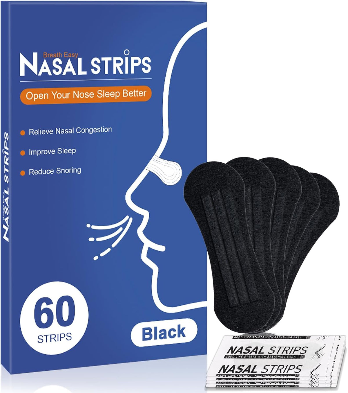 60Pcs Nasal Strips for Snoring, Nose Strips for Breathing, Snore Strips for Men & Women, Helps Reduce Snoring & Improves Sleep (Black)