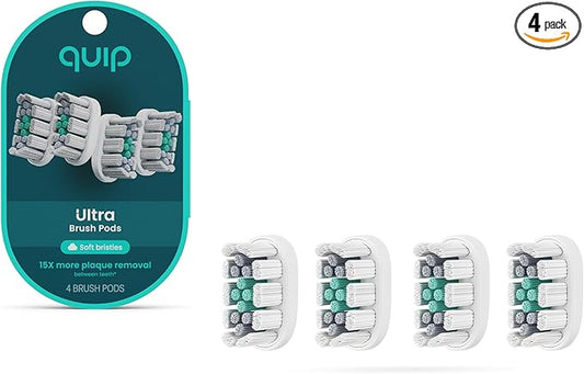 quip Ultra Brush Pod Refill Heads - 4 Pack - Verified quip Brush Head Refills for Sonic Electric Toothbrushes - Soft Bristles, Compact - Last 3 Months Each - White