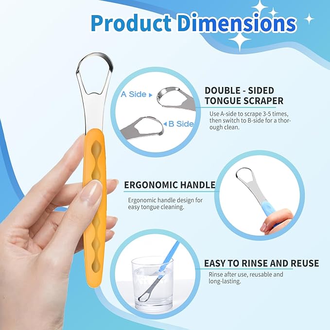 4-Pack Colorful Tongue Scraper for Adults with Travel Case, Stainless Steel, Metal Tongue Brush for Bad Breath, Oral Hygiene Tool, Easy to Use & Portable