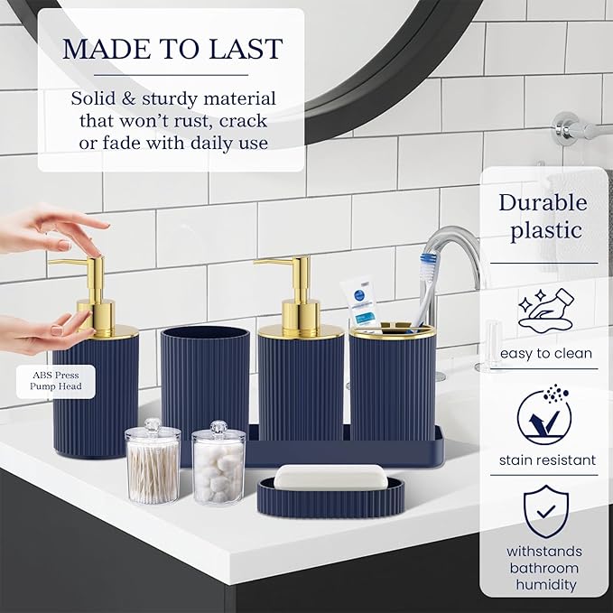 Navy Blue Bathroom Accessories Set - Bathroom Sets, 25PC Bath Accessory Set, Bathroom Sets with Push Top Trash Can, Shower Curtain and Rugs, Toilet Brush, Trash Can & Soap Dispenser