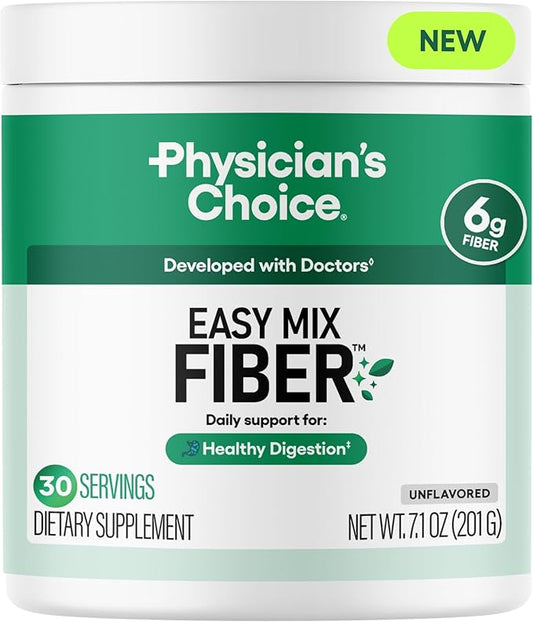 Physician's CHOICE Easy Mix Fiber for Digestive Health & Regularity - No Grit, Sugar Free, & Tasteless - Daily Prebiotic Soluble Fiber Powder Supplement for Women and Men - Unflavored - 7.1oz