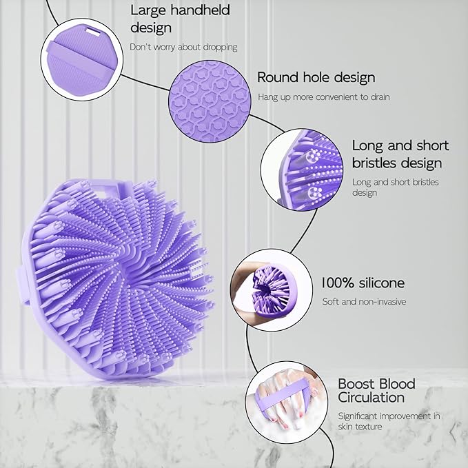 Silicone Body Scrubber 2-Pack - Exfoliating Shower Brush with Silver-Infused Design | Black & Purple