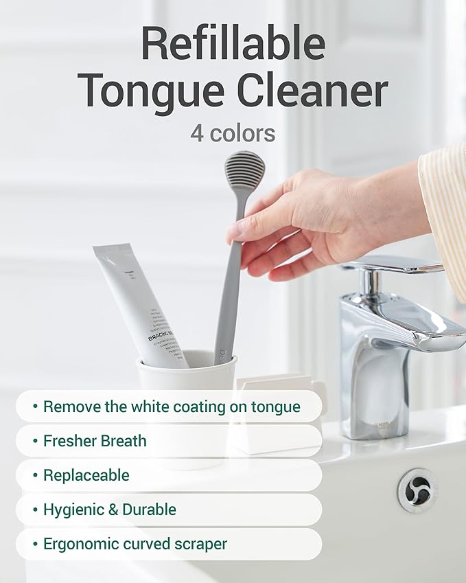 DEARCUS Korean Tongue Scraper with 3 Replaceable Heads - 100% BPA Free TPE Tongue Cleaner - Reduce Bad Breath & Without Hurt - Hygienic Scraper - Modern & Simple Design (White)
