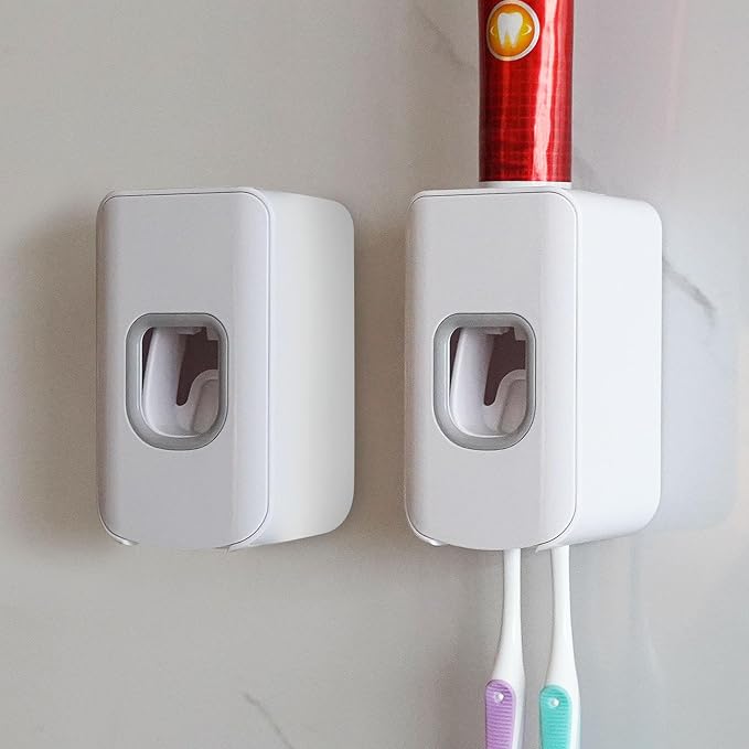 2 Slot Toothbrush Holder and Toothpaste Dispenser Wall Mounted, Automatic Toothpaste Squeezer, 2 in 1 Tooth Brush Toothpaste Organizer for Shower (White 2pack)