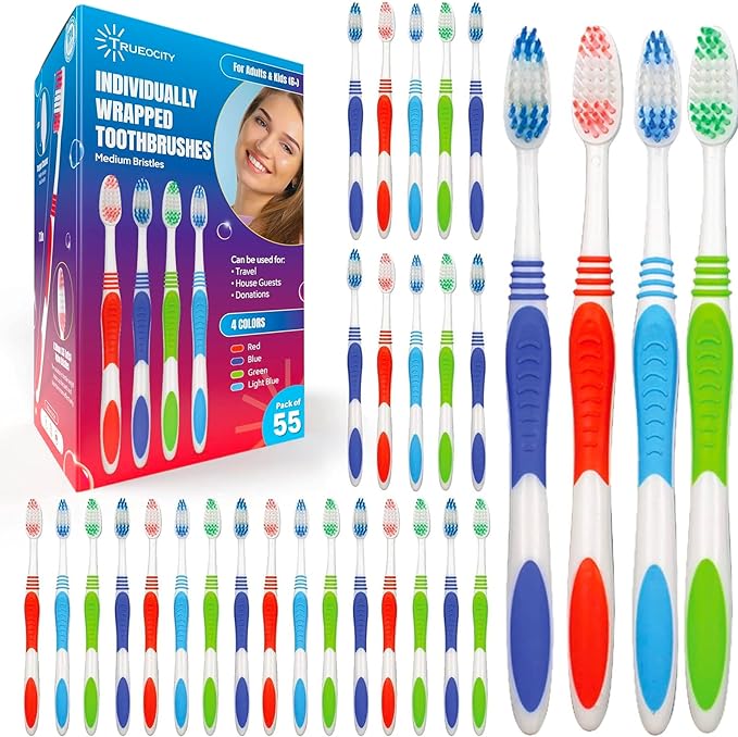 Trueocity Toothbrushes Bulk Individually Wrapped – 55 Pack Medium Bristle, Multi-Colored Toothbrushes for Adults and Kids, Travel & Hospitality Multi-Pack