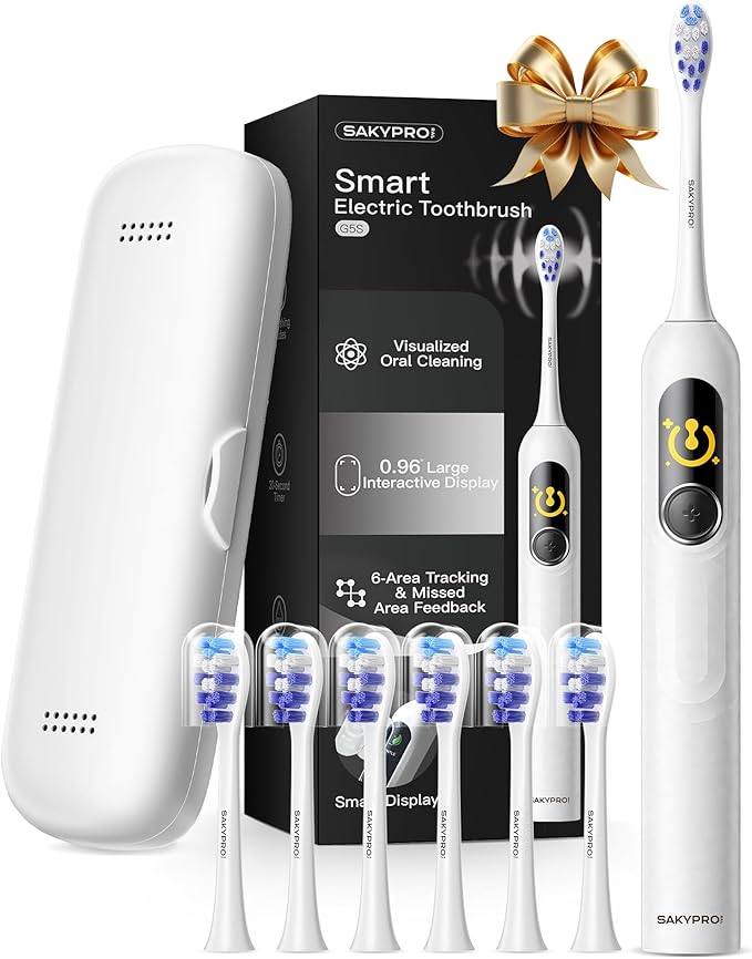 SAKYPRORAL Electric Toothbrush with AI Smart Screen for Adults Kids Teens | 6 Brush Heads | 150-Day Battery, Real-Time Brushing Map | 5 Whitening Modes, Travel Case | Sonic Toothbrush (White)
