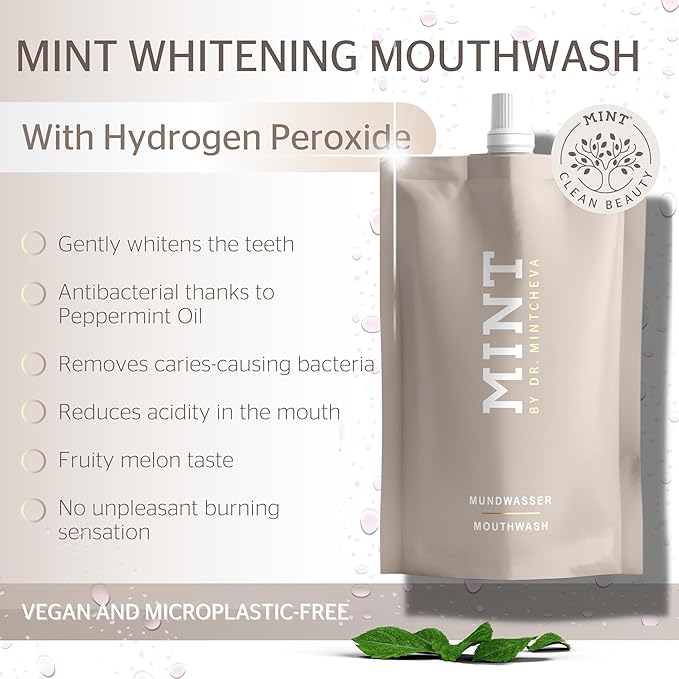Mint Mouthwash Refill (6.76 fl oz) – Whitening & Gum Care with Hydrogen Peroxide 0,1% – Alcohol-Free – Melon Flavor – Enriched with Vitamin B12, Peppermint Oil & Cucumber Extract – Vegan