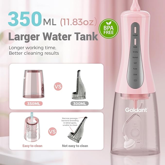 2026 Upgrade Portable Cordless Water Flosser, 350ML Tank & Travel Storage Bag, 5 Modes IPX7 Waterproof for Home & Travel, USB Rechargeable Electric Dental Flosser for Teeth Cleaning (Pink)