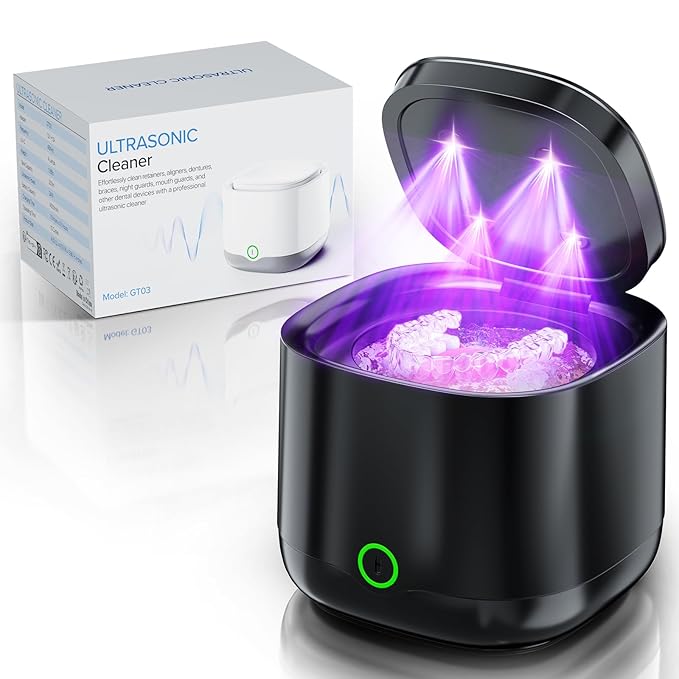 Ultrasonic Retainer Cleaner, 45kHz Retainer Cleaner Machine UV-C Dental Cleaning Pod Lights, 24W, 4000mAh, 200ml, for Denture, Night Guard, Mouth Guard, Aligner, Brace, Multiple