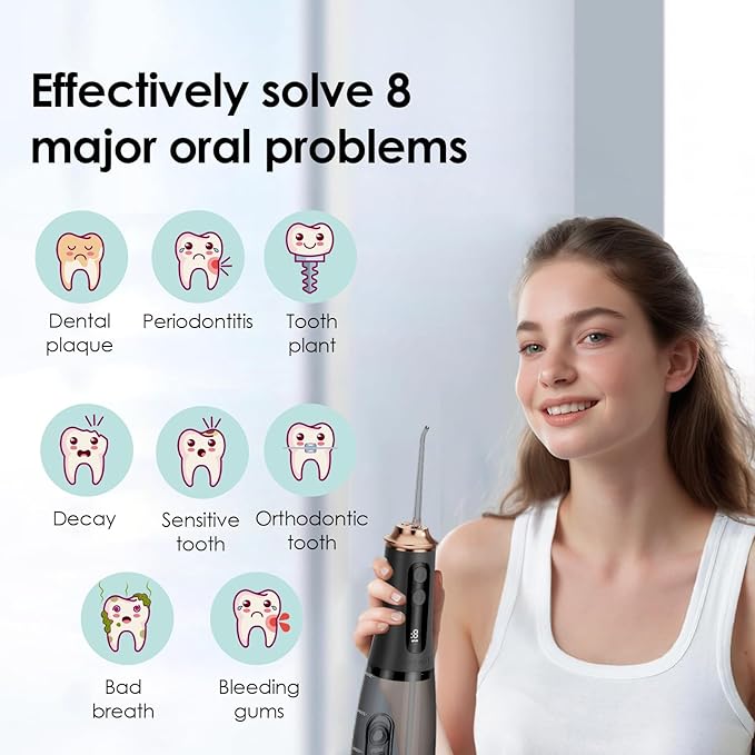 300ml Large Capacity Home Oral Irrigator 9 Modes Water Flosser with Adjustable Pressure for Gum Care/Breath Remover/Dentures (Black&Gold)