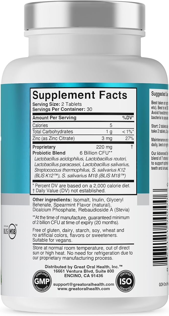 Oral Probiotics for Mouth Bad Breath Treatment for Adults: Dentist Formulated BLIS K12 M18 Advanced Oral Probiotics for Teeth and Gums, 60 Chewable Oral Health Probiotics Supplement Tablets (Mint 3pk)