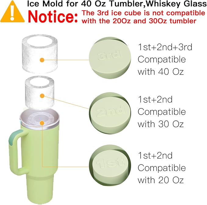 Ice Cube Tray for Tumbler Cup 30Oz-40Oz, 3 Pcs Silicone Cylinder Ice Mold with Lid and Bin for Freezer, Easy Fill and Release Ice Maker for Whiskey, Cocktail BPA-Free (Green, 40Oz-Type1)