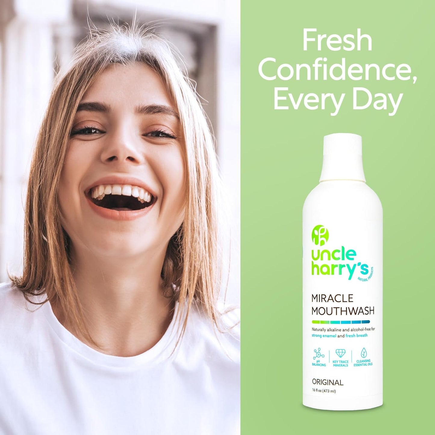 Uncle Harry's Natural Alkalizing Miracle Mouthwash | Adult & Kids Mouthwash for Bad Breath | pH Balanced Oral Care Mouth Wash & Mouth Rinse (16 fl oz)