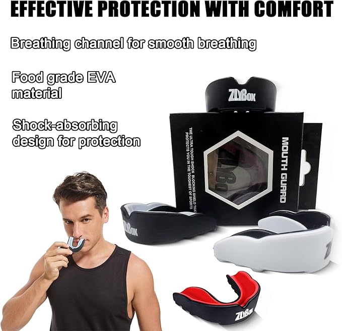 Dual-Layer Sports Mouth Guard for Adults & Youth with Case - Dental Protection for Boxing, Football, MMA, Hockey, Basketball, Lacrosse & All Contact Sports(White Black)