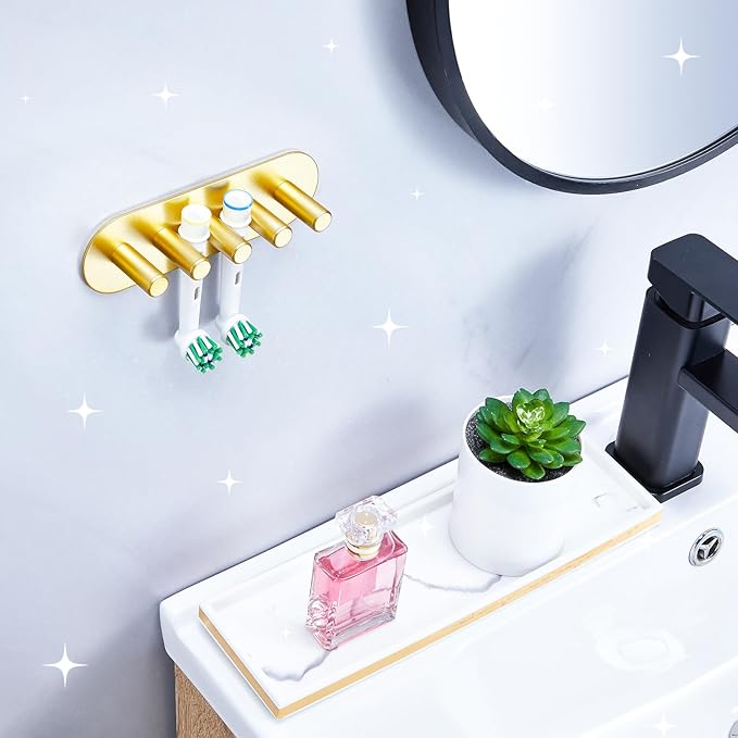 Electric Toothbrush Head Holder, Toothbrush Holders Wall Mounted, Adhesive Tooth Brush Head Holder Organiser, Electric Toothbrushs Holder, Shower Tooth Brushing Holder (Gold, Large)