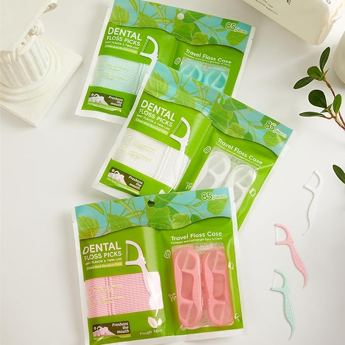 Green Dental Floss Picks Twin Line, Travel Size Toothpicks Floss Sticks Kit 85 Count with 2 Portable Flossers Case On-The-Go Oral Care