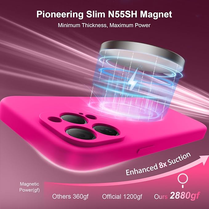 Magnetic for iPhone 15 Pro Case, Compatible with MagSafe, with 9H Nano Screen Protectors, Full Camera Protection, Silicone Shockproof Microfiber Lining Phone Case 6.1", Hot Pink