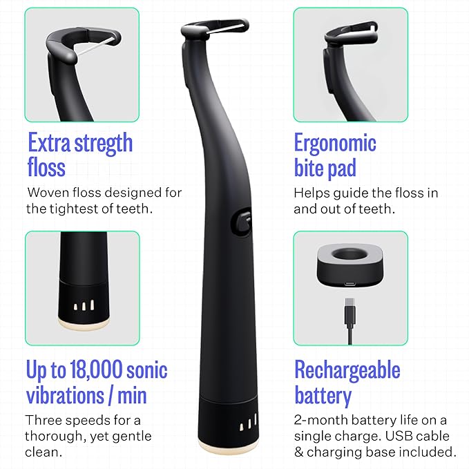 FLAUS Electric Flosser (Shark Tank) 3 Speeds + 45 Refill Heads w/Extra Strong Woven Floss, Increased Durability - Water Flosser Alternative, Dentist Recommended Tooth Flossers, Eco Dental Floss Picks