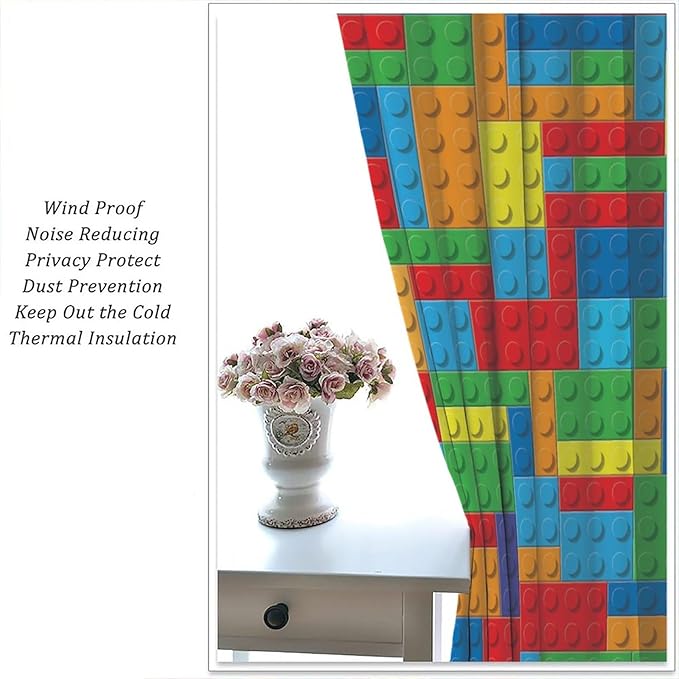 Colorful Building Block Toy Printed Curtains, Building Blocks, Curtains, Fun Brick 3D Design, Kids, Teens, Girls, Boys, Living Room, Bedroom, Window Treatment Panels, 2 Panels 63x63in