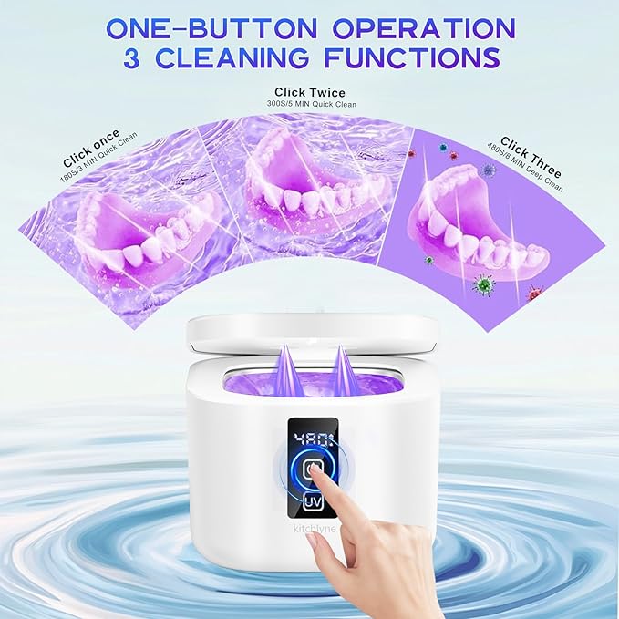 48kHz Ultrasonic Cleaner with Digital Timer - 3 Settings for Dentures, Retainers, Aligners, Mouth Guards, Jewelry, 375ml Tank, 99% Efficiency