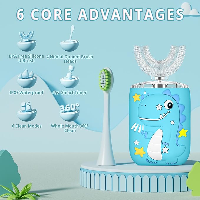 Kids Electric U Shaped Toothbrush,Kids Dinosaur Sonic Full Mouth Toothbrush with 4 Soft Brush Head Automatic 6 Cleaning Modes IPX7 Waterproof 360 Degree Cleaning - Age8-15 Blue