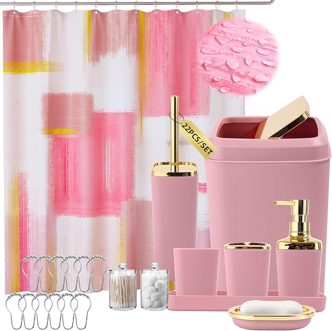 Pink and Gold Bathroom Accessories Set, Bathroom Sets with Shower Curtain, Pink Bathroom Accessories with Trash Can, Soap Dispenser, Soap Dish, Toilet Brush Holder, Qtip Holders for Bathroom