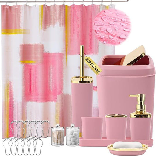 Pink and Gold Bathroom Accessories Set, Bathroom Sets with Shower Curtain, Pink Bathroom Accessories with Trash Can, Soap Dispenser, Soap Dish, Toilet Brush Holder, Qtip Holders for Bathroom