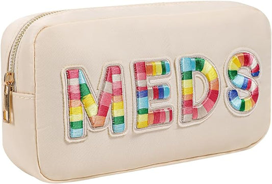 Chenille Letter Patch Nylon Medicine Packages,Cute MEDS Travel Makeup Bag with Metal Zipper, First Aid Purse Organizer Cosmetic Bag for Women and Girls(01Beige)