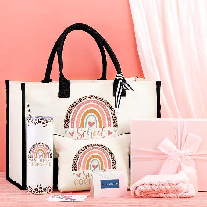 Geiserailie 8 Pcs Counselor Gifts for Women Including Large Tote Bag Cosmetic Bags Tumbler Cup Plush Socks Metal Keychain Card and Envelope for National Counseling Week Thank You Gifts