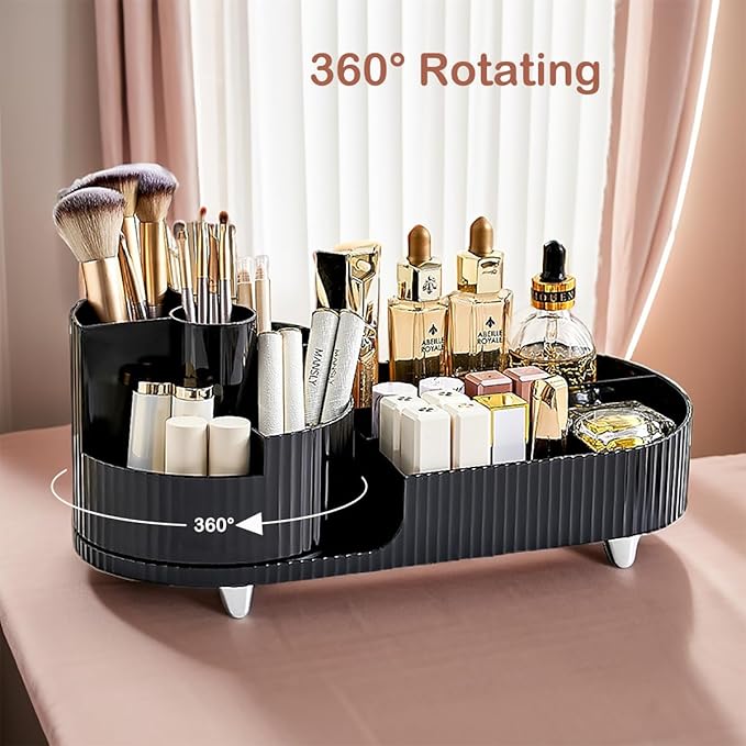 Makeup Organizer Countertop Rotating Makeup Organizer for Vanity Large Capacity Cosmetic Display Case with Makeup Brush Holder Cosmetic Organizer Countertop（Black）